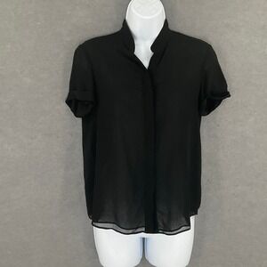 Alice +‎ Olivia Black Blouse Sz XS/S Sheer Short Sleeve Mandarin Collar Top